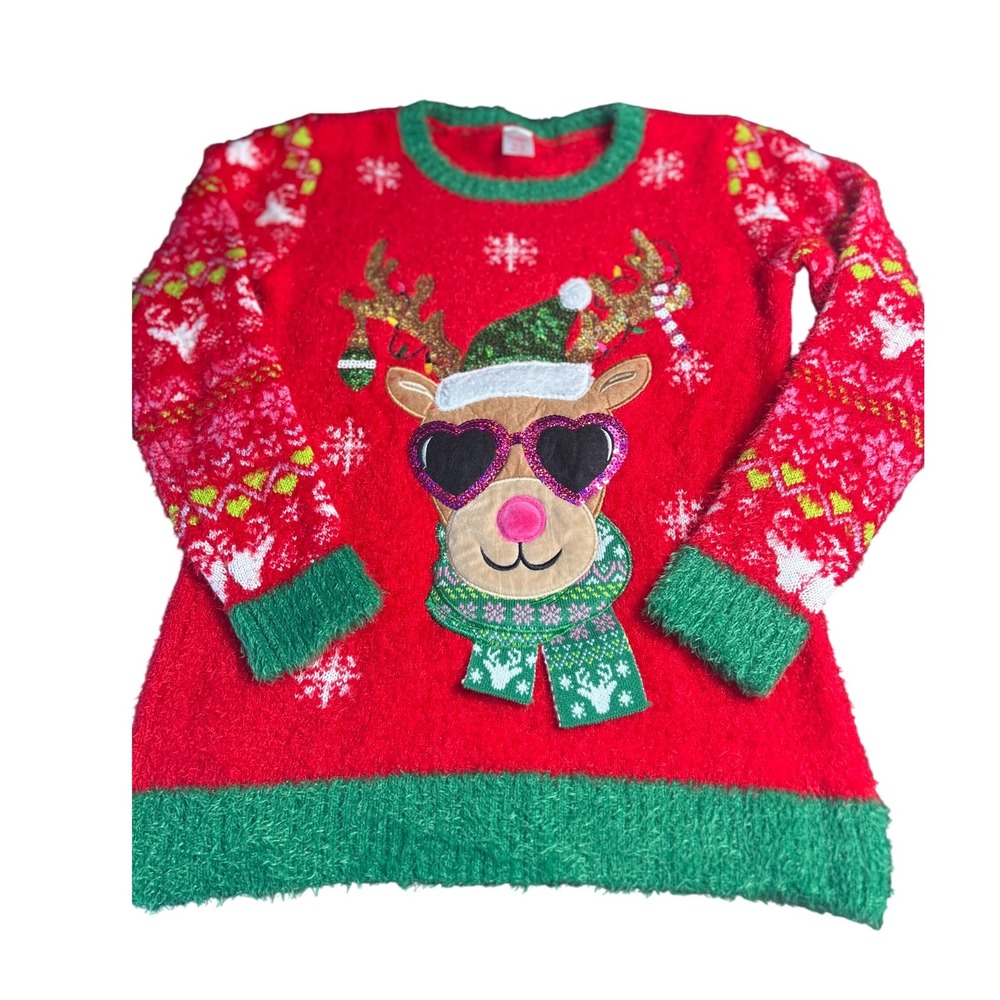 Holiday Time Womens Red Reindeer Heart Sunglasses Ugly Christmas Sweater Size M